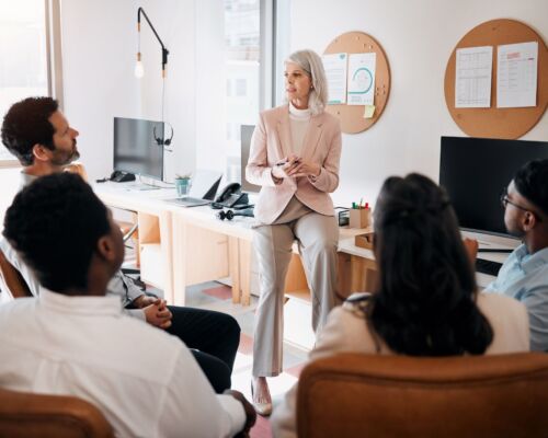 Any questions. Shot of a mature businesswoman sitting and training her team in the office.